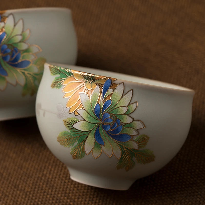 80ml Chinese Jingdezhen porcelain boutique tea cup ruyao crackle glaze cup of tea kungfu tea cups flower design ceramic cups tea