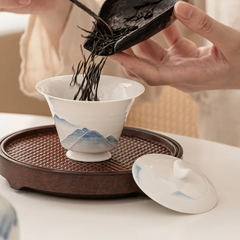 80ml Hand Painted Mountain Gaiwan For Tea  Porcelain Tureen With Lid Teaware Kung Fu Tea Set Chinese Cup Tea Bowls Small Chawan