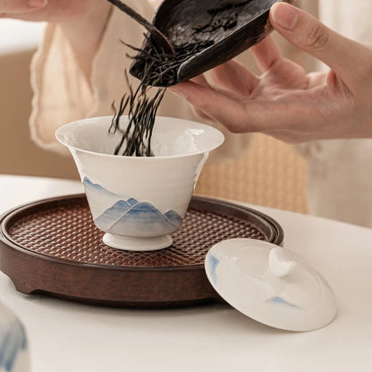 80ml Hand Painted Mountain Gaiwan For Tea  Porcelain Tureen With Lid Teaware Kung Fu Tea Set Chinese Cup Tea Bowls Small Chawan