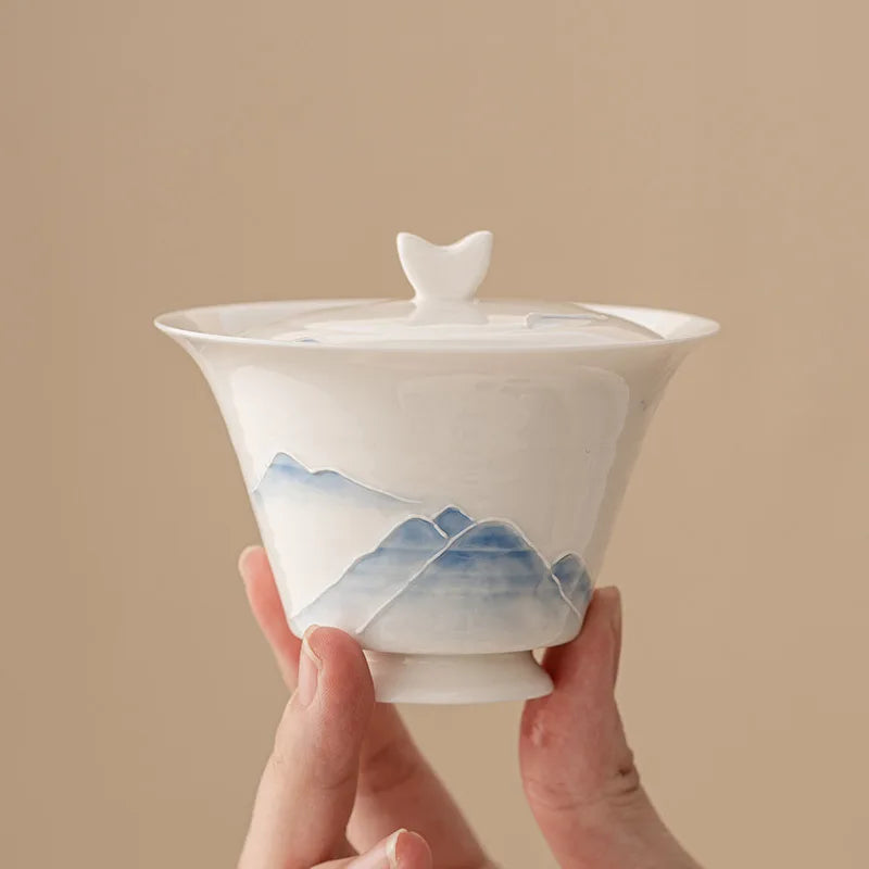 80ml Hand Painted Mountain Gaiwan For Tea  Porcelain Tureen With Lid Teaware Kung Fu Tea Set Chinese Cup Tea Bowls Small Chawan
