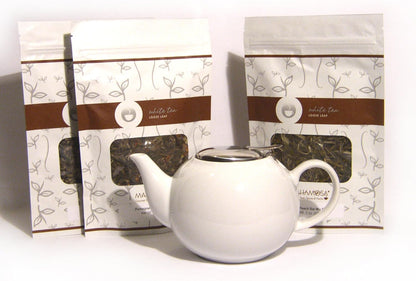 Mahamosa Teapot and Tea Gift Set - White Ceramic Infuser Teapot (Tea Pot) and White Tea Sampler Gift Set Kit (incl. three 2 oz. specialty white teas)(Bundle - 4 items) (Christmas Holiday gift)