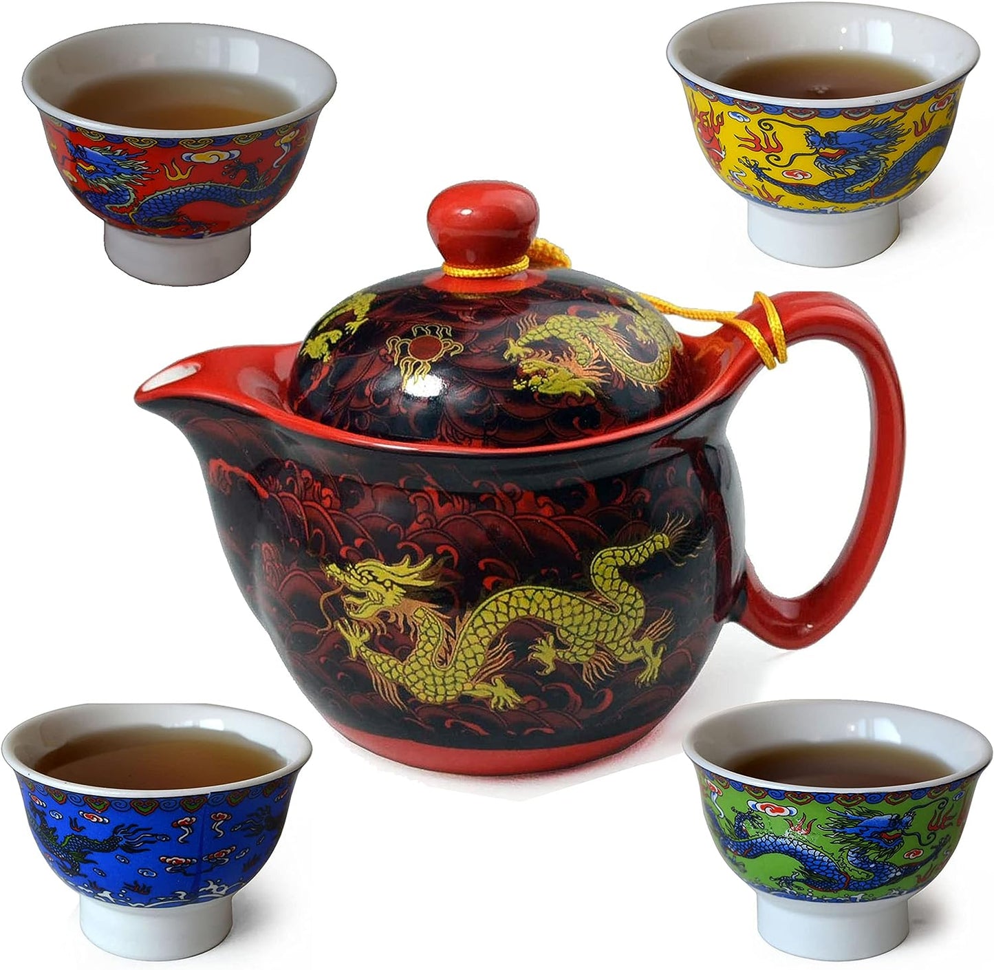 Teapot China Porcelain 12oz Dragon Stainless Steel Teacup 4pcs Gongfu Infuser for Loose Tea