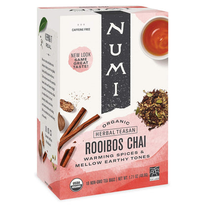 Numi Organic Tea Golden Chai, 18 Count Box of Tea Bags, Black Tea (Packaging May Vary) & Organic Tea Rooibos Chai, 18 Count Box of Tea Bags, Herbal Teasan, Caffeine-Free (Packaging May Vary)