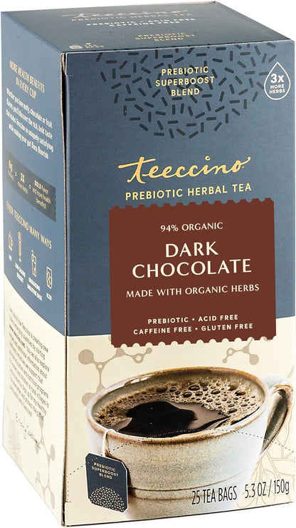 Teeccino Dark Chocolate - Prebiotic Superboost™ Herbal Tea - Support Your Probiotics with Prebiotics for Good Gut Health and Regularity, Digestive Chocolate Tea, 10 Tea Bags