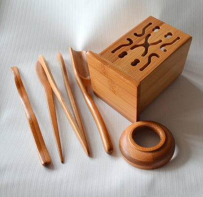 Chadao Bamboo GongFu Tea Tools Tube Spoon, tongs, detong, tea needle funnel (Square canister)