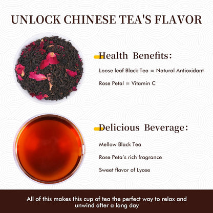 FM108TEA Featured Rose Lychee Black Tea Loose Leaf Tea,Resealable Bag 3.5 Ounce(100g)| With 30PCS Tea Filter Bags,Safe and Natural Material