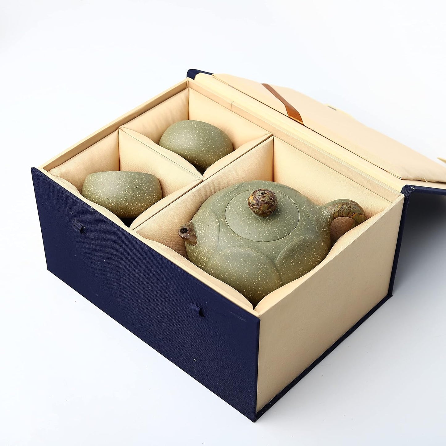SILINE Zisha Hu - Lotus 11.3oz,Genuine Yixing Cyan Clay Teapot with 2 Cups, Chinese Craftswomen Handmade Infuse Brew Kung Fu Tea Pot Set