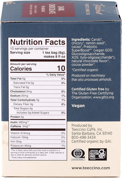 Teeccino Dark Chocolate - Prebiotic Superboost™ Herbal Tea - Support Your Probiotics with Prebiotics for Good Gut Health and Regularity, Digestive Chocolate Tea, 10 Tea Bags