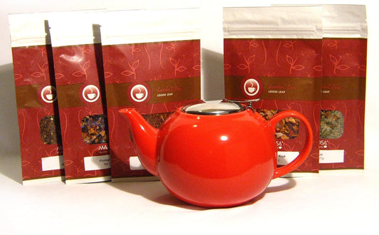 Mahamosa Teapot and Tea Gift Set - Red Ceramic Infuser Teapot (Tea Pot) and Herbal Tea Sampler Gift Set Kit (incl. five 2 oz. specialty herbal teas)(Bundle - 6 items) (Christmas/Holiday gift)