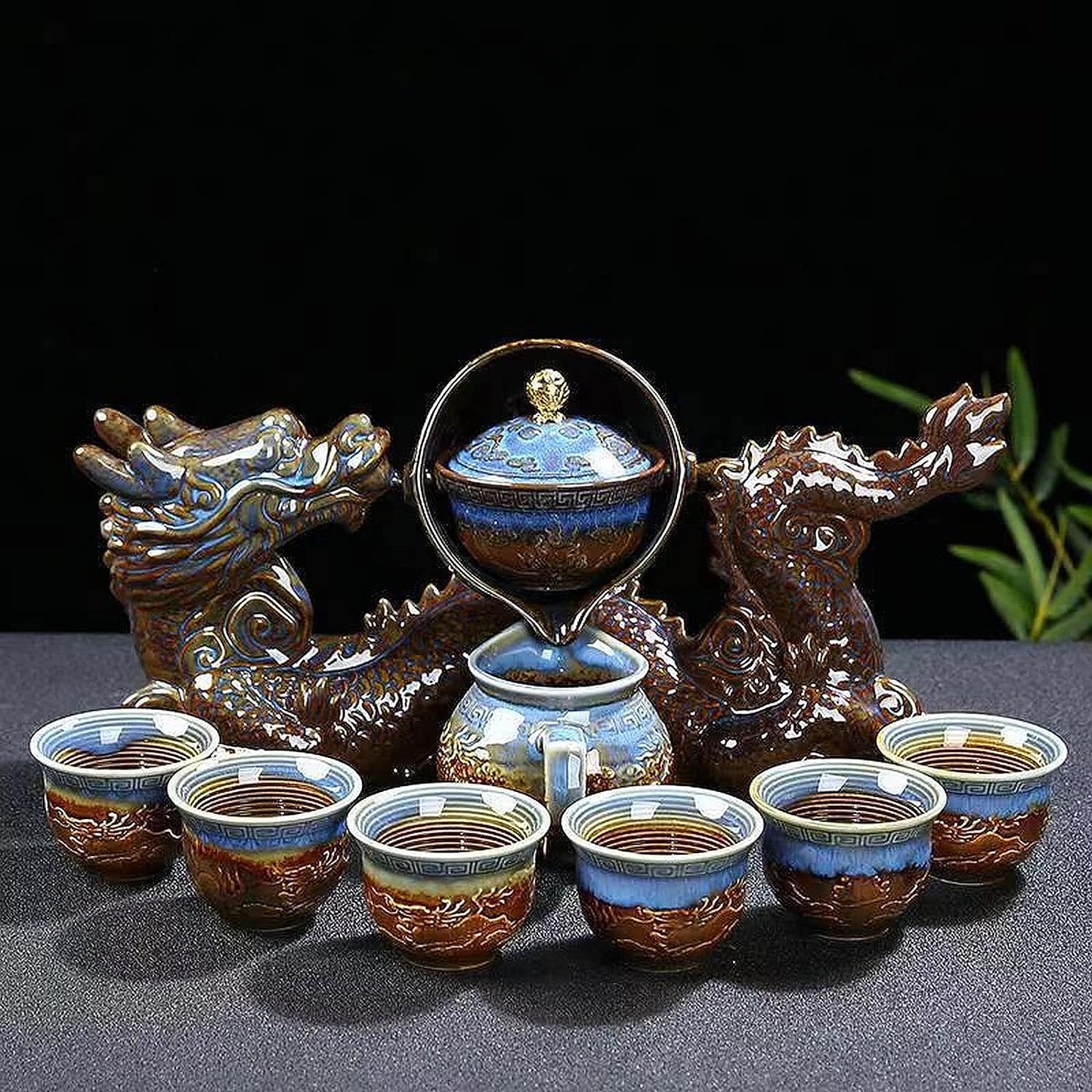 Scizorito 中国功夫茶具套装礼盒,中国龙形状,纯手工烧制,配有 360 度旋转茶壶和浸泡器,适合办公室、家居、礼品(半月火柴)