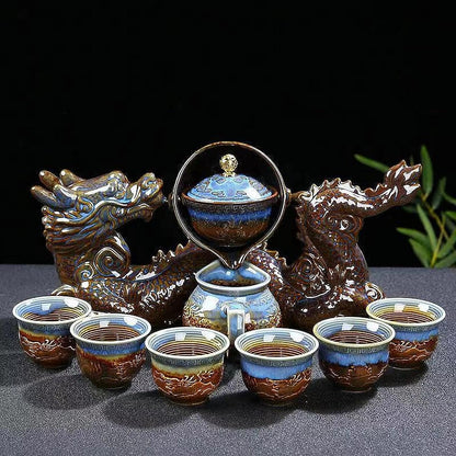 Scizorito 中国功夫茶具套装礼盒,中国龙形状,纯手工烧制,配有 360 度旋转茶壶和浸泡器,适合办公室、家居、礼品(半月火柴)