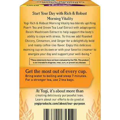 Yogi Tea Rich & Robust Morning Vitality Tea - 16 Tea Bags per Pack (4 Packs) - Organic Adaptogen Tea Perfect for the Morning - Includes Puerh Tea Leaf, Roasted Chicory Root, Cinnamon Bark & More