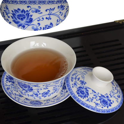 honeylive Gaiwan Chinese 150ml-200ml Sancai tureen Tray Cup Blue White Porcelain Saucer Lid (simple A 5oz)