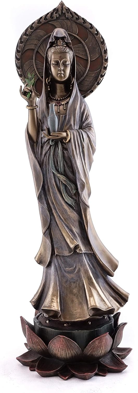 Top Collection Guan Yin Statue Standing on Lotus Pedestal- Quan Yin East Asian Goddess of Compassion and Mercy Sculpture in Premium Cold Cast Bronze - 16.75-Inch Collectible Meditating Buddha Figurine