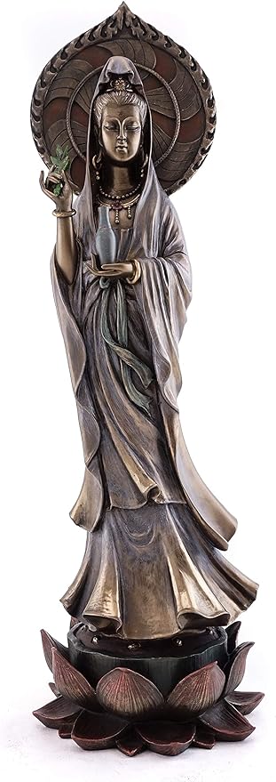 Top Collection Guan Yin Statue Standing on Lotus Pedestal- Quan Yin East Asian Goddess of Compassion and Mercy Sculpture in Premium Cold Cast Bronze - 16.75-Inch Collectible Meditating Buddha Figurine