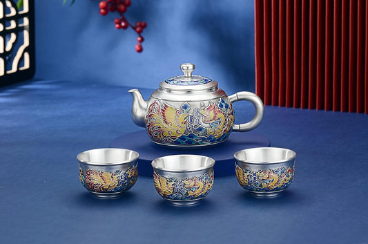 GOHQ Chinese GongFu Tea Set, S999 Pure Silver Teapot Dragon and Phoenix Tea Set with 1 Teapot and 3 Small Tea Cups Suitable as a Gift for Tea Lovers