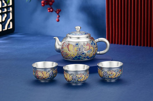 GOHQ Chinese GongFu Tea Set, S999 Pure Silver Teapot Dragon and Phoenix Tea Set with 1 Teapot and 3 Small Tea Cups Suitable as a Gift for Tea Lovers