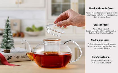 CnGlass 33.8oz Glass Teapot with Removable Infuser,Stovetop Safe Tea Kettle,Blooming & Loose Leaf Tea Pot