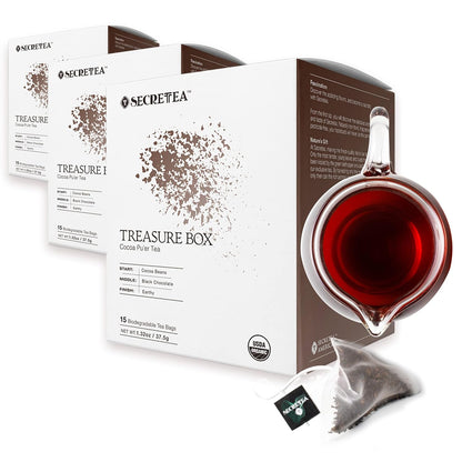 Organic Cocoa Pu-erh Loose Tea I POWERFUL Detox Immune I Heart & Digestion Support, 15 Sachet Tea Bags (Pack of 3) |By T SECRETEA, Treasure Box