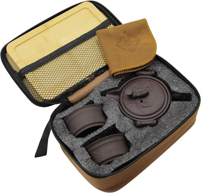 RARITYUS Portable Travel Kung Fu Tea Pot Cup Handmade Yixing Zisha Tea Set Ceramic Teapot Teacups with Tea Tray Travel Bag for Outdoor Picnic