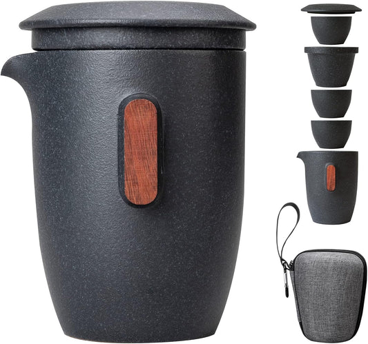 HEER Chinese Teapot with Infuser and 3 Cups, Ceramic Travel Coffee Tea Set with Case for Adults, Japanese Style Kung Fu Tea Pot for Office and Home.