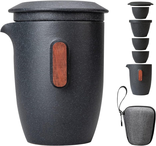 HEER Chinese Teapot with Infuser and 3 Cups, Ceramic Travel Coffee Tea Set with Case for Adults, Japanese Style Kung Fu Tea Pot for Office and Home.