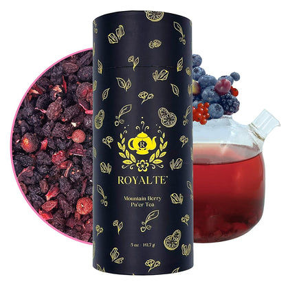 MyRoyalte Pu'Erh Tea Mountain Berry - 1 Oz Loose Tea Leaves with Dried Hibiscus Flowers Mulberry Tea Grapes Blueberries Rosehip Tea - Chinese Pu Erh Tea Black Tea Loose Leaf - Tea Gift for Tea Lovers