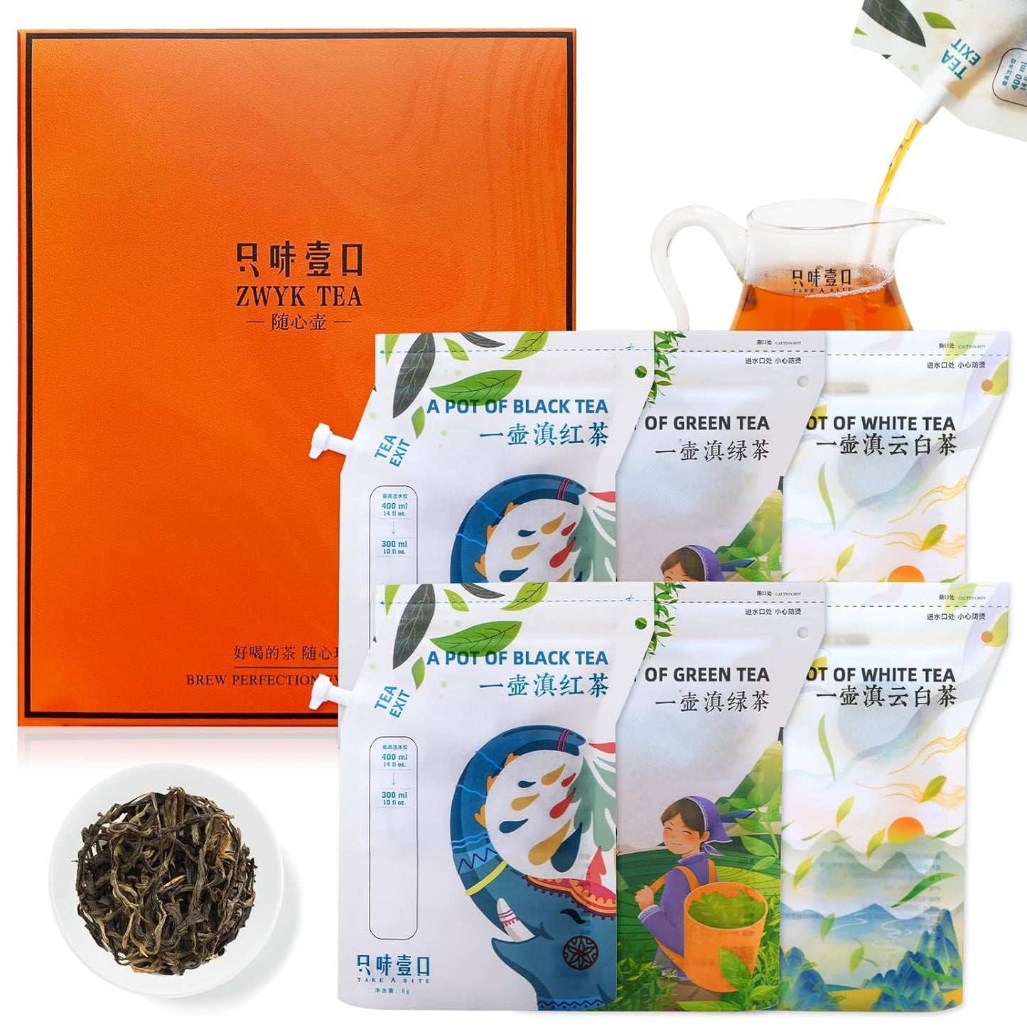 ZWYK TEA Authentic Top Chinese Tea (6 Count, Produced in YUNNAN), Portable Black Tea & Chenpi White Tea & Pu erh Tea Pot Design -  A Unique Approach to Enjoying Tea, Perfect for Camping/Travel/Hiking/Party