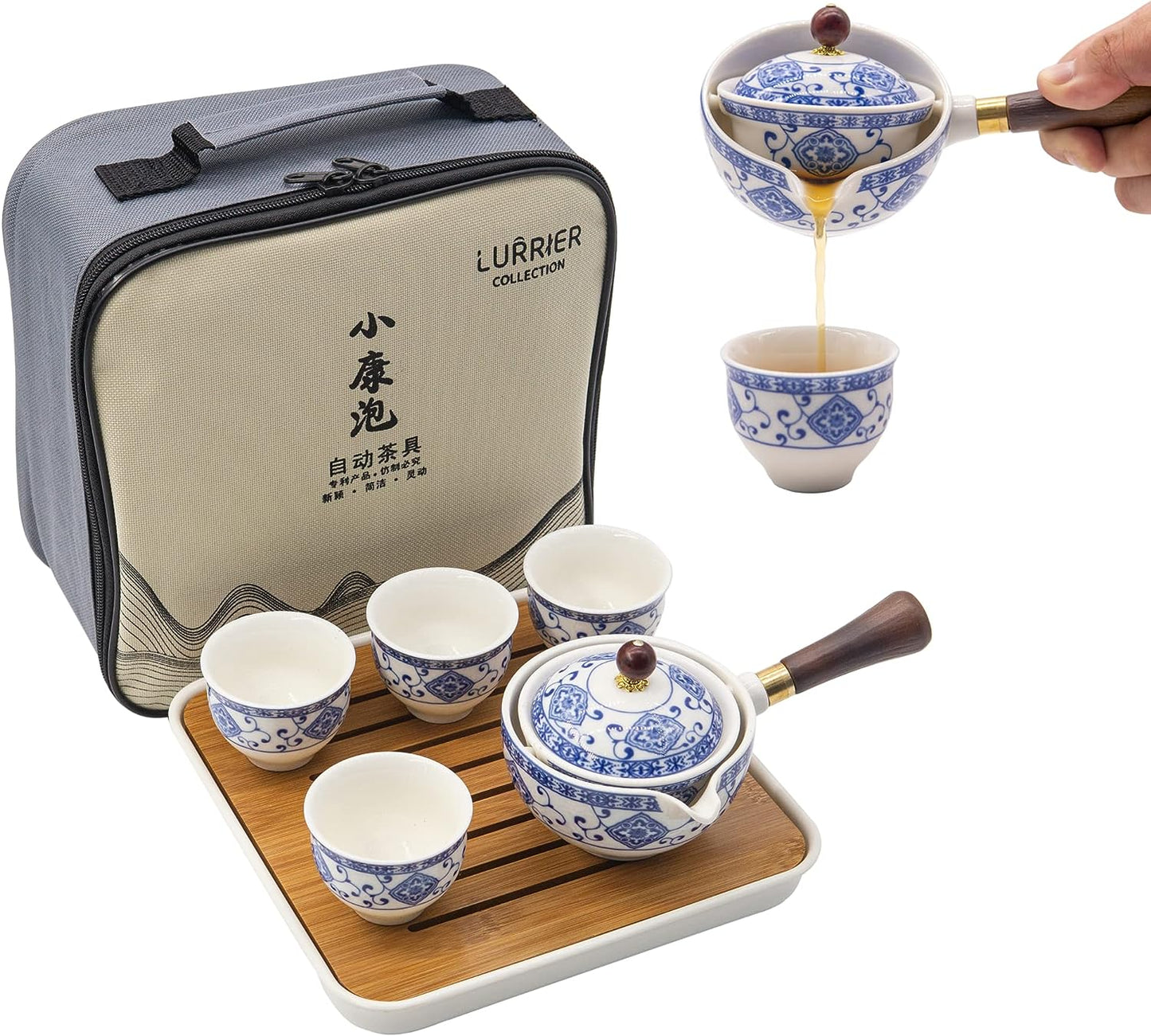 LURRIER 陶瓷中国功夫茶具套装,便携式茶壶套装,带 360 度旋转茶壶和浸泡器,便携式多合一礼品袋,适合旅行、家居、送礼、户外和办公室(花蓝色)