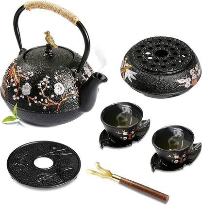 WICHEMI Cast Iron Teapot with Infuser, 720ml/24.5oz Tea Kettle for Stovetop Japanese Style Tea Pot Set with 4 Tea Cups Home Teapot Inside Coated with Enamel, Cast Iron Tea Kettle for Home Use