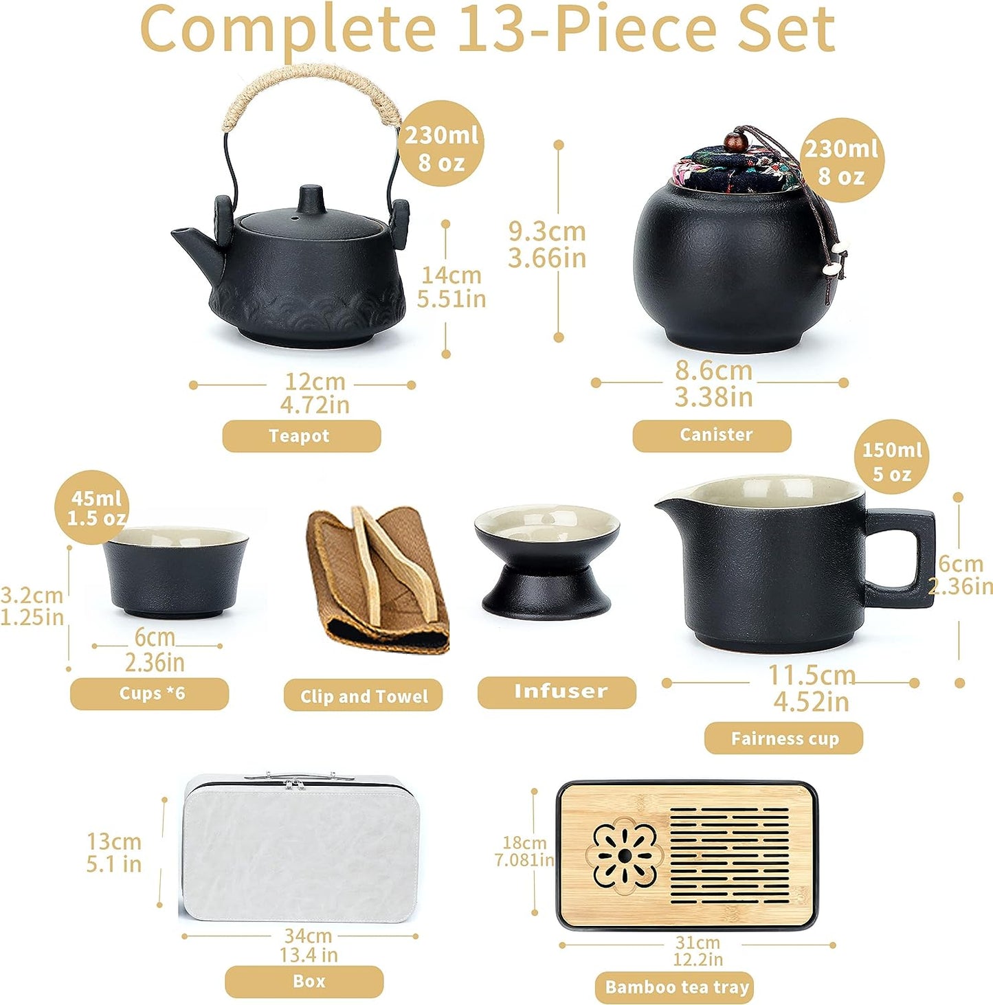 ICHAG Asian tea set |Kungfu tea sets |Ceramic Portable tea set|tea sets for adult |13-piece with grey leather case |Tea set gift for Home,Outdoor,Business