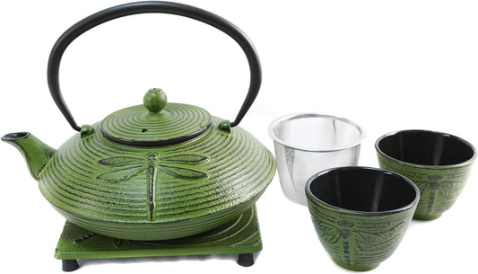 Cuisiland Dragonfly Cast Iron Teapot Set with 2 Cups 27oz Green