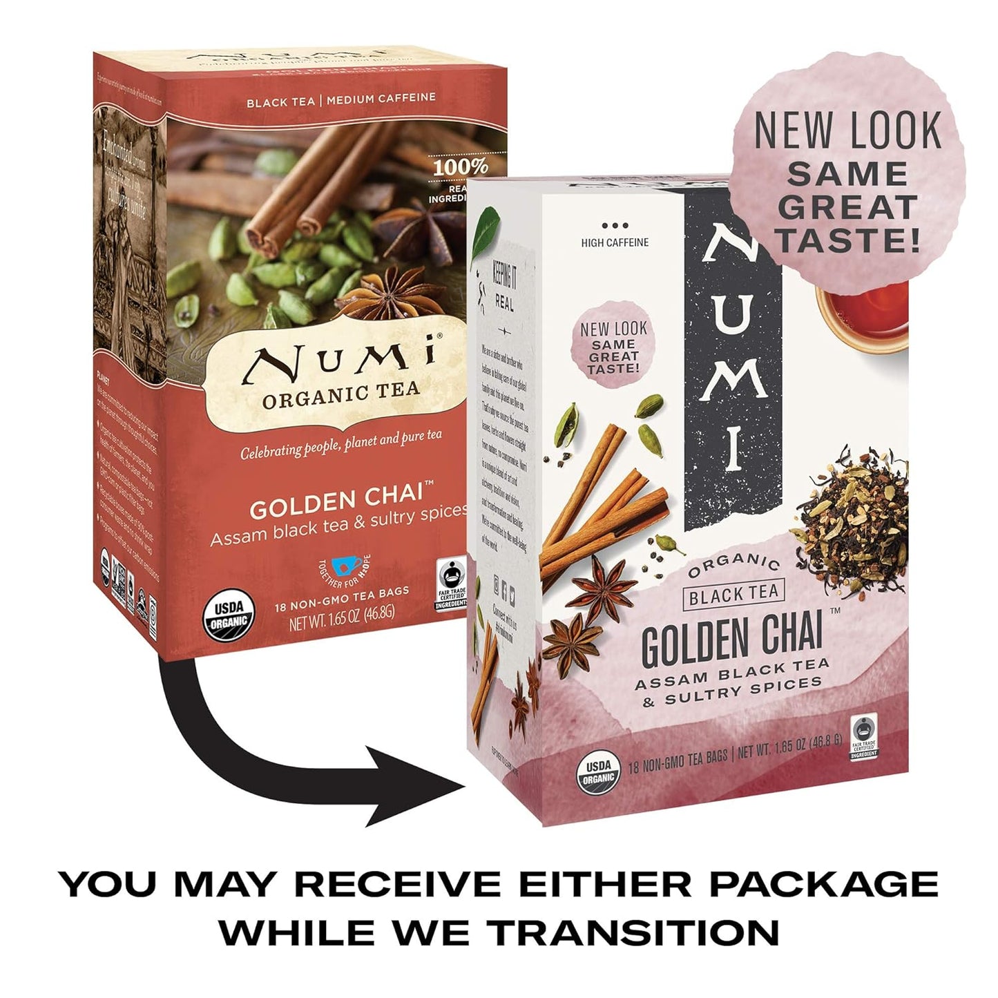 Numi Organic Tea Golden Chai, 18 Count Box of Tea Bags, Black Tea (Packaging May Vary) & Organic Tea Rooibos Chai, 18 Count Box of Tea Bags, Herbal Teasan, Caffeine-Free (Packaging May Vary)