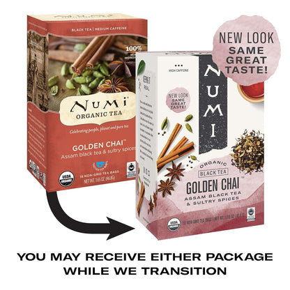 Numi Organic Tea Golden Chai, 18 Count Box of Tea Bags, Black Tea (Packaging May Vary) & Organic Tea Rooibos Chai, 18 Count Box of Tea Bags, Herbal Teasan, Caffeine-Free (Packaging May Vary)