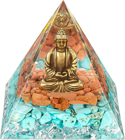 Little Buddha Statue in Healing Crystal Organite Pyramid - Malachite with Baby Buddha Figurine, Reiki Chakra Meditation Buddha Decor