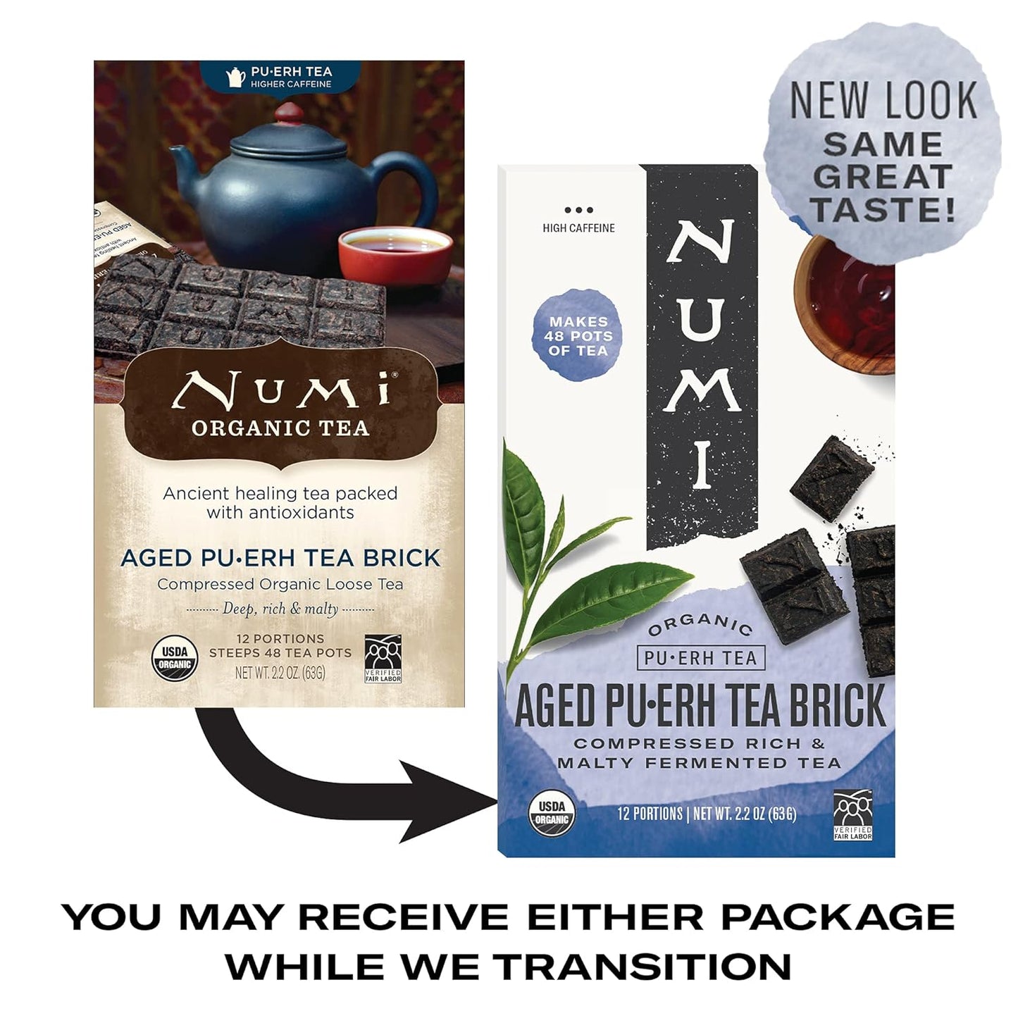 Numi Organic Aged Pu-erh Tea Brick, 2.2 Ounces, Fermented Loose Yunnan Black Tea, Brews Up To 48 Pots, Caffeinated