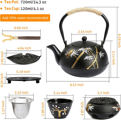 WICHEMI Cast Iron Teapot with Infuser, 720ml/24.5oz Tea Kettle for Stovetop Japanese Style Tea Pot Set with 4 Tea Cups Home Teapot Inside Coated with Enamel, Cast Iron Tea Kettle for Home Use