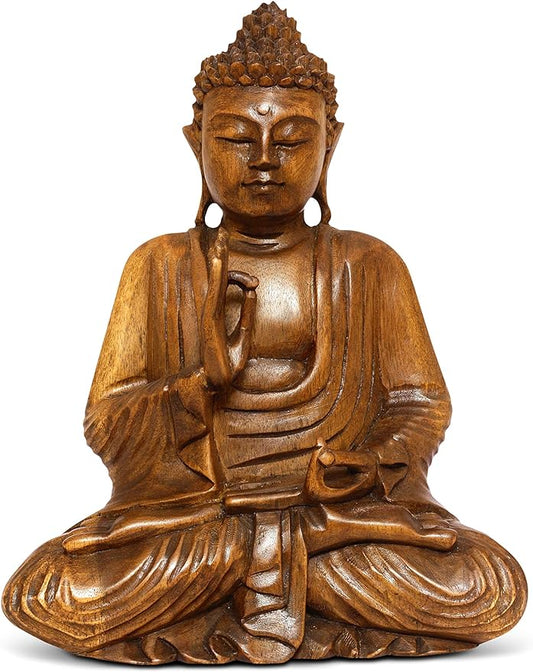 G6 Collection Wooden Serene Sitting Buddha Statue Handmade Meditating Sculpture Figurine Decorative Home Decor Accent Rustic Handcrafted Art Traditional Modern Contemporary Oriental Decor (8" Tall)