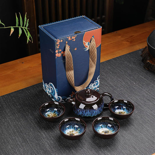 Chinese/Japanese Tea Set Ceramic Tea Pot and Cup Set Teaware Kung Fu Tea Set Jun Kiln Change Teapot and Tea Cup Alluvial Gold Chinese Tea Set Cup Portable Teapot Set Tea Gift set (Size : B)