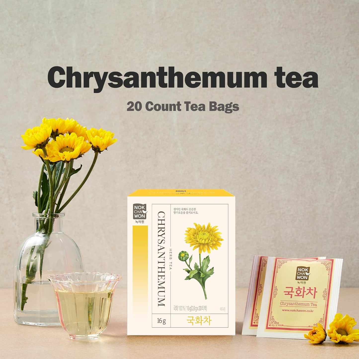 [Nokchawon] Chrysanthemum Tea, Caffeine Free, Premium Pure Herbal Tea, Zero Calories Korean Tea, 20 Count Tea Bags, 0.56oz(16g)