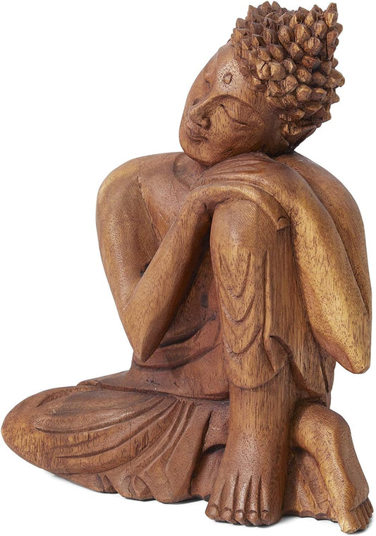 Serene Spaces Living Wooden Buddha Statue, Beautifully Carved from Teak Wood, Ideal for Meditation, Outdoor Zen Decor, Serenity at Home, Measures 10.5" Tall, 8.5" Long & 3" Wide