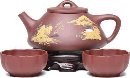 SILINE Zisha Teapot Set,Chinese Yixing Clay Handmade infuse Tea Pot 9.5 Oz/280 cc with 2 Teacups,Masterpiece Kungfu Tea Set -fineShipiao,Purple Clay
