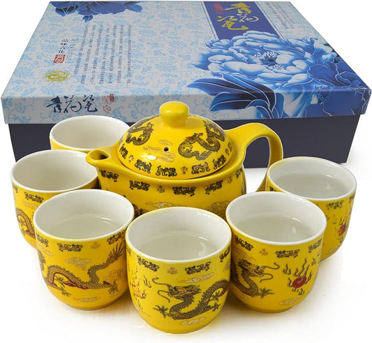 Teapot Teacup Chinese Gongfu Tea Set Yellow Dragon Porcelain Stainless Steel Filtration Ceramic Gift Box