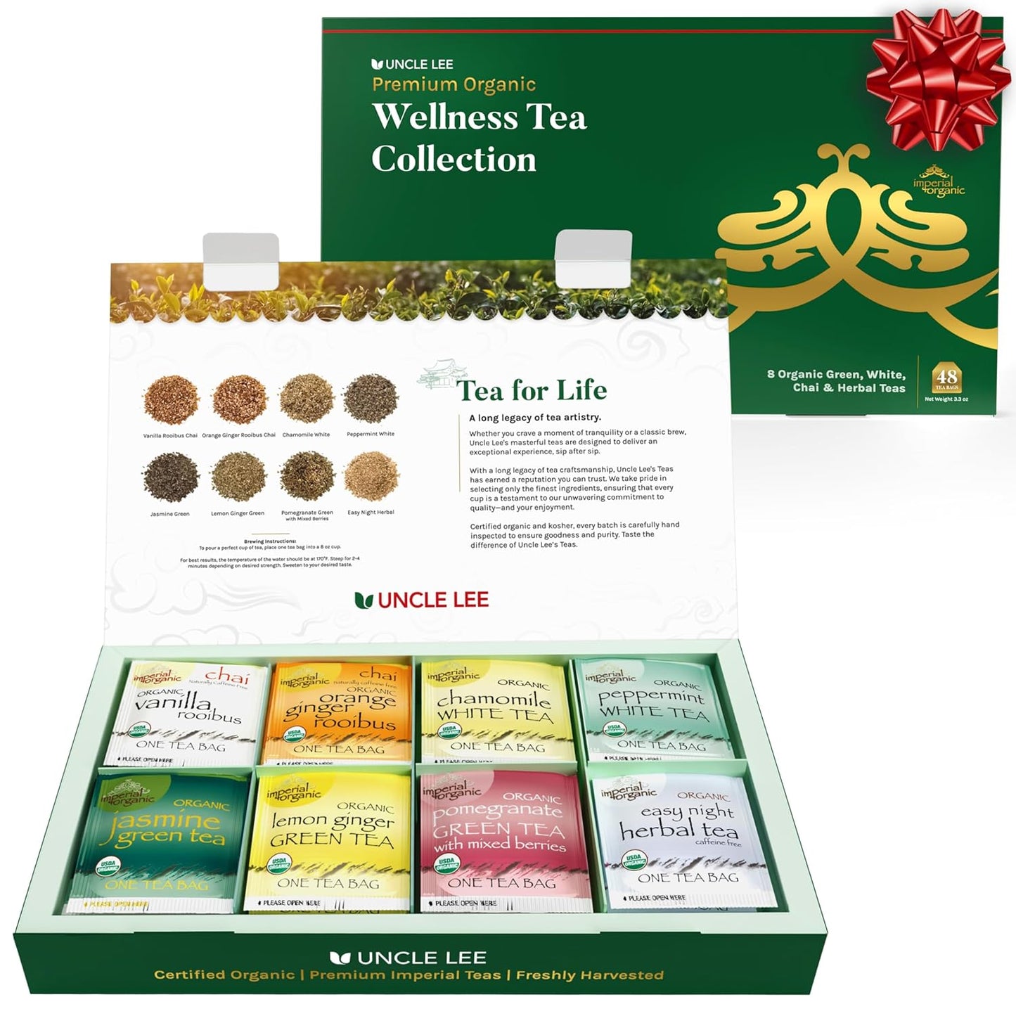 Uncle Lee’s Organic Pu-Erh Tea, 100% Natural Chinese Tea, Fresh & Full Earthy Flavor, Enjoy as Hot Tea or Iced Tea Beverages, Coffee Alternative, 4 Pack - 18 Tea Bags per Box
