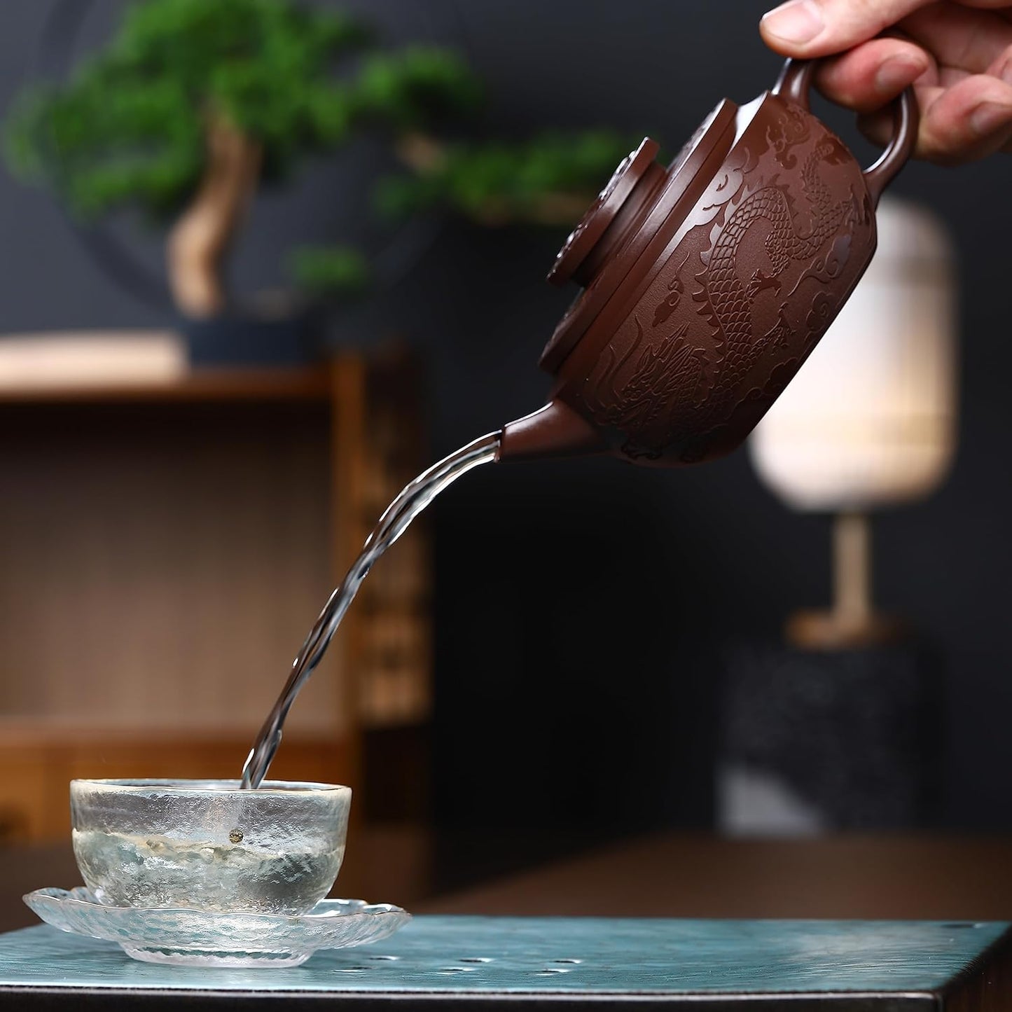 SILINE Zisha Teapot, Chinese Yixing Clay Handmade Tea Pot 10.8 Oz, Infuse Brew Kung Fu Loose Leaf Tea Maker (LongJulun,Zini Purple Clay)