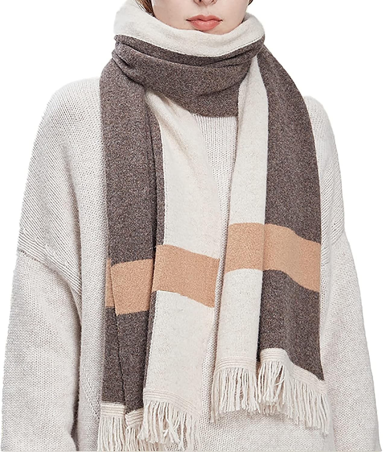 RAN Winter Warm Scarfs Weave Luxury Plaid Scarf Wool Scarf with Tassel, Women Warm Knitted Scarf for Fall and Winter, 14.2" X 72.8" Long (Color : Brown, Size : 14.2" X 72.8")