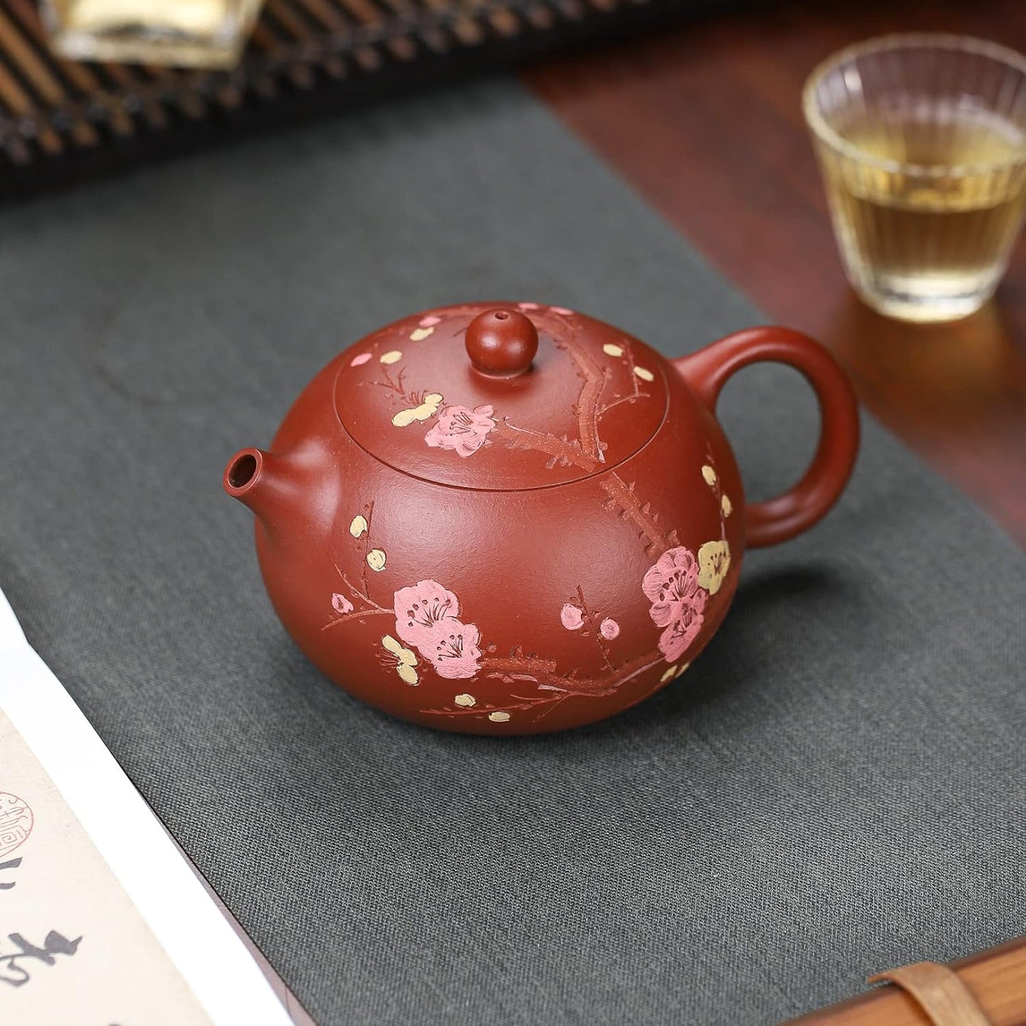 SILINE Zisha Tea Pot Set,Master Handmade Genuine Yixing Clay Teapot 11.3 Oz with 2 Cups (Flower Xishi,Red Beauty Clay)