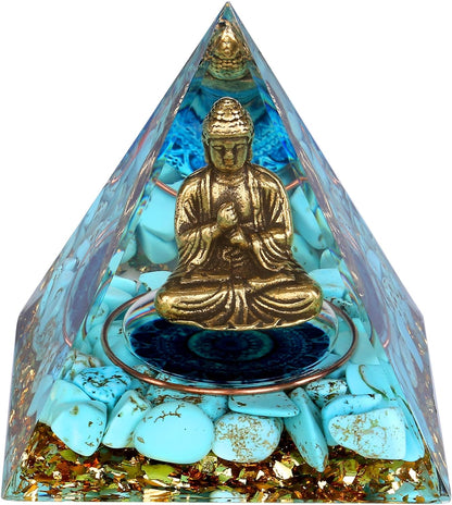 Little Buddha Statue in Healing Crystal Organite Pyramid - Obsidian with Baby Buddha Figurine, Reiki Chakra Meditation Desktop Buddha Statue Indoor, Buddha Statue Outdoor, Buddha Statues for Home