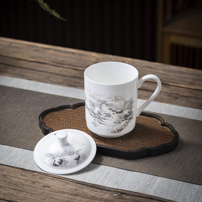 SILINE Fine Bone China Tea Cup with Lid 13.5 Oz, Jingdezhen Blue and White Porcelain Mug