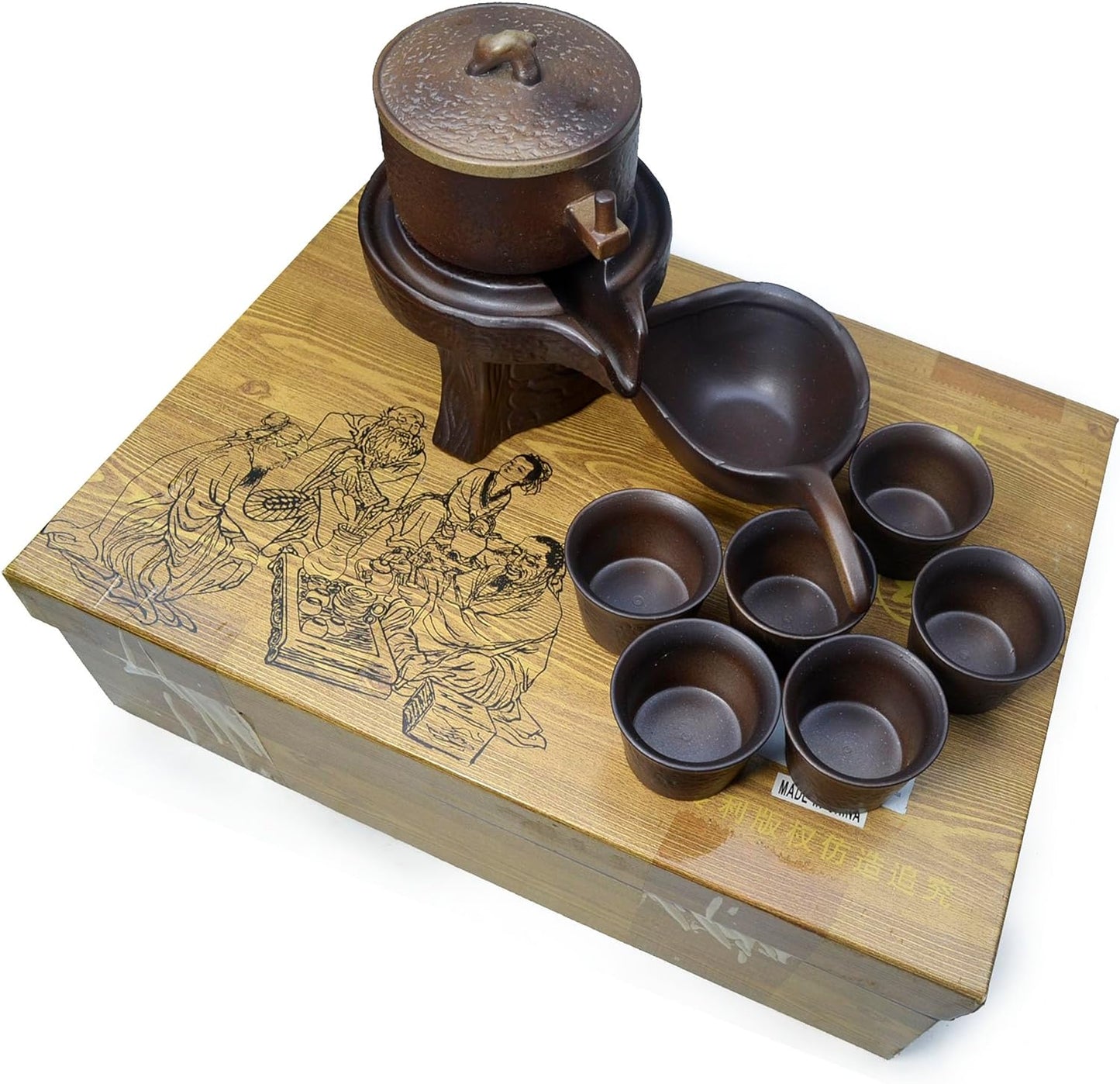 Teapot Cup Chinese Gongfu Tea Set Pot Cup Semi-automatic millstone Boxes Gift (Bronze)